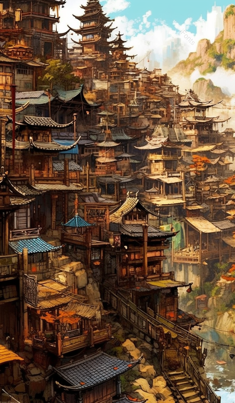 中国风山中破旧建筑群手绘,插画/手绘图,插画/手绘图库,插画/手绘图下载,插画/手绘